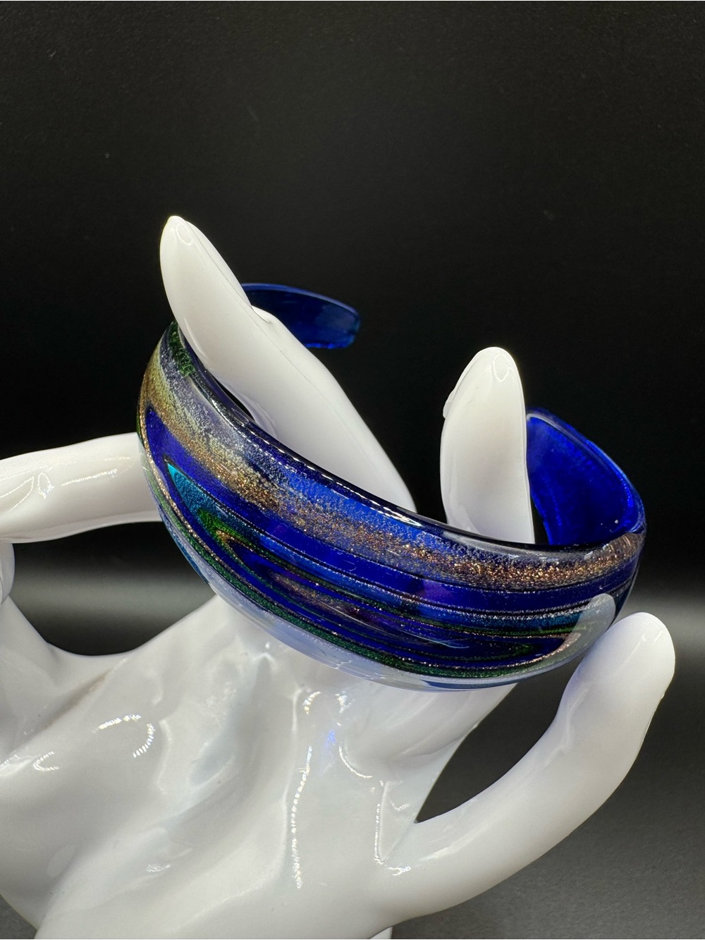 Blue Glass Cuff Bracelet with Gold & Green Swirls